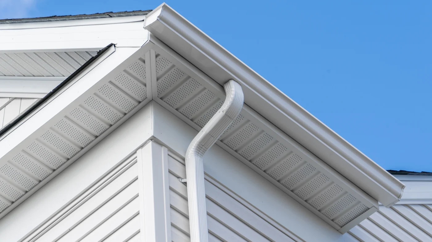 A white soffit and white gutter