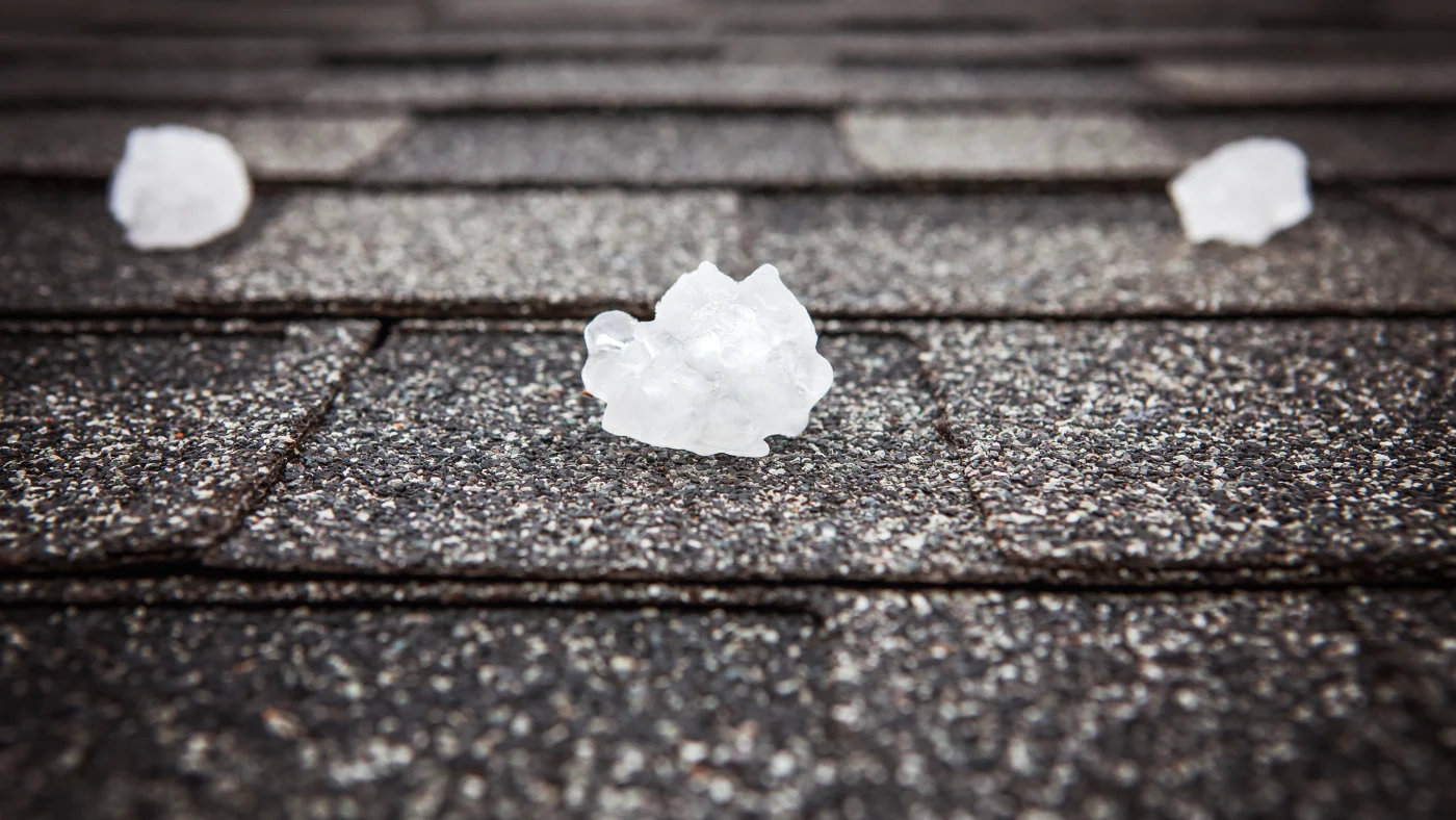 Three hailstones sit on a shingle roof