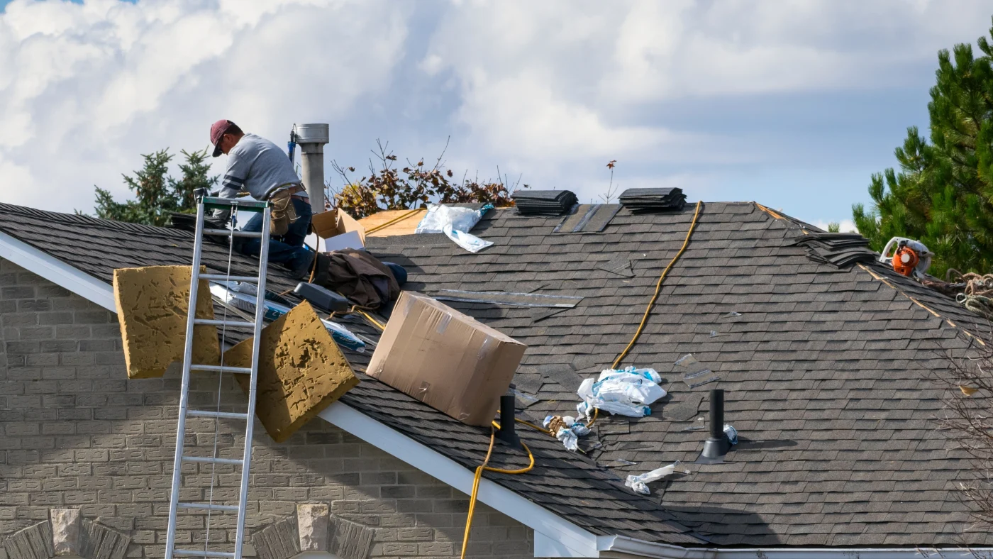 A roof replacement in progress