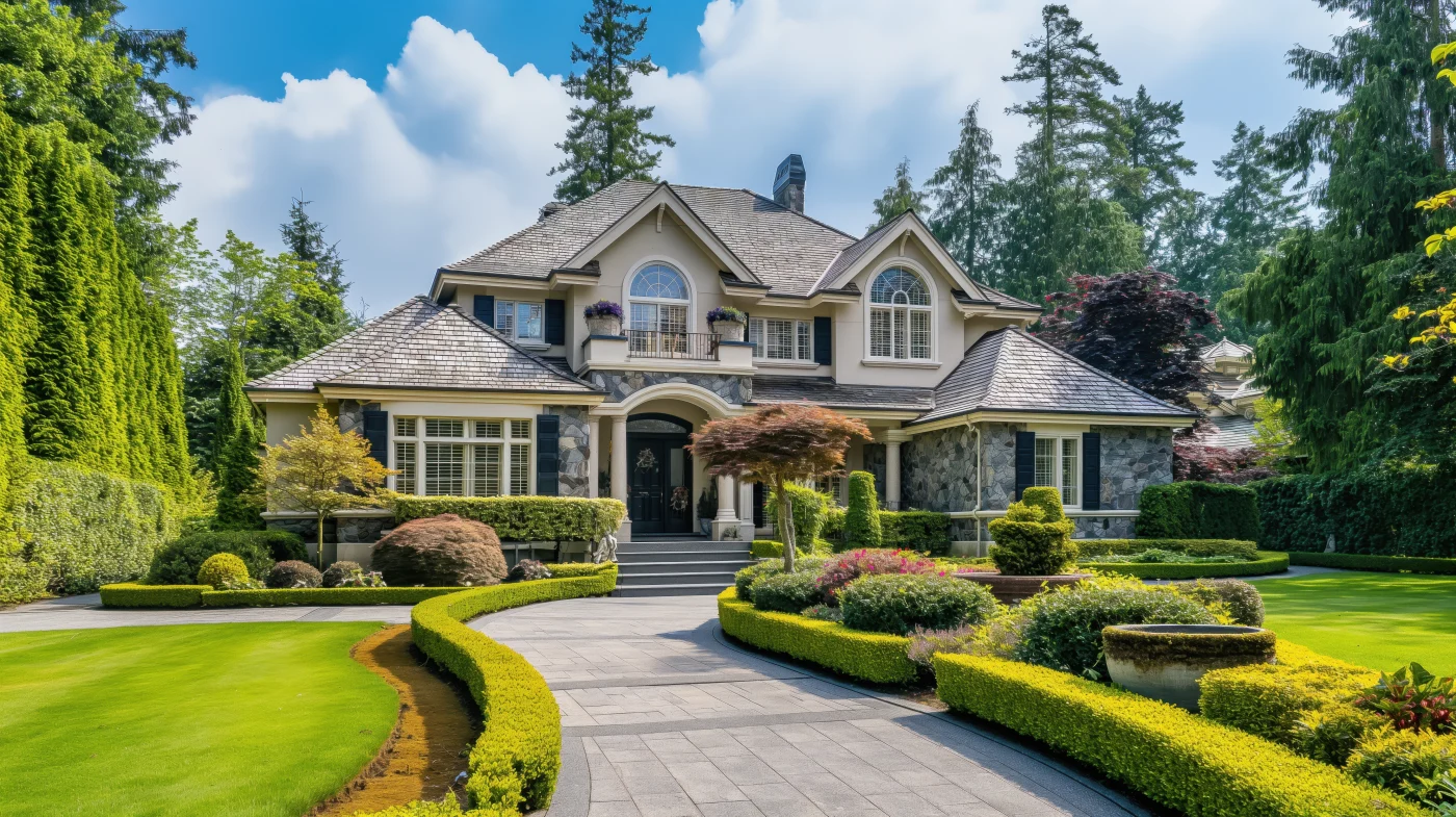 Beautiful Two Story House With Manicured Garden, Stone Facade, And Symmetrical Landscaping, Surrounded By Lush Greenery And Trees. Beautiful Two Story House With Manicured Garden, Stone Facade, And Symmetrical Landscaping, Surrounded By Lush Greenery And Trees.