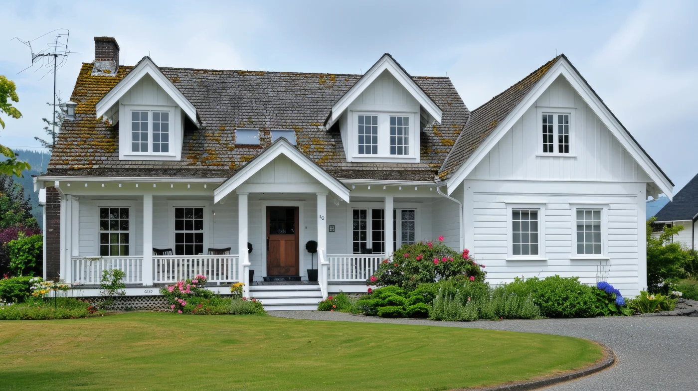 Beautiful home with brown shingled roof and white siding