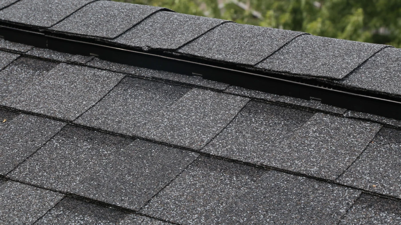 Close-up of the ridge vent on a shingle roof
