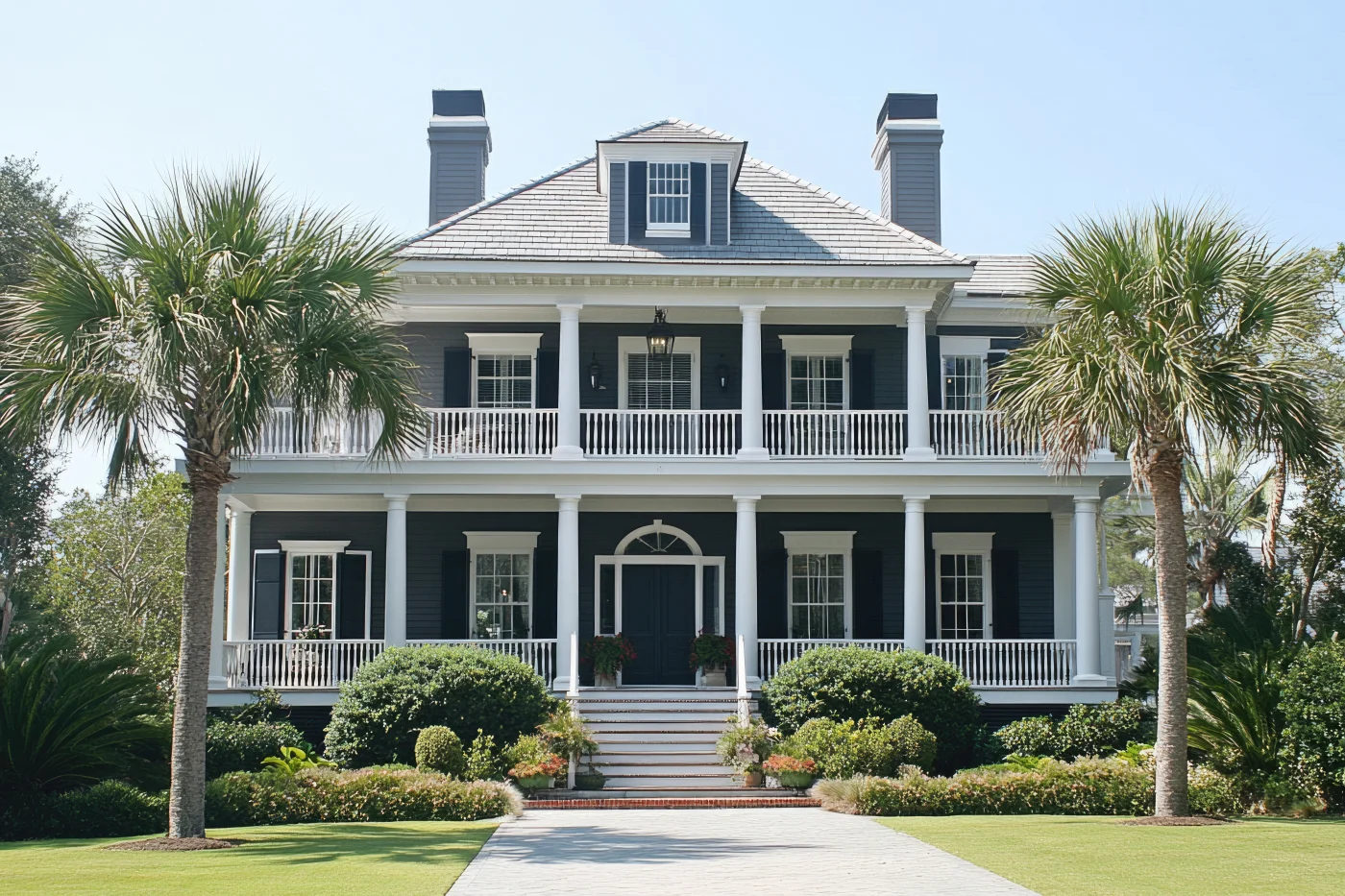 Charleston Home: Traditional Architecture Of Southern Grey Two Story House With Porch