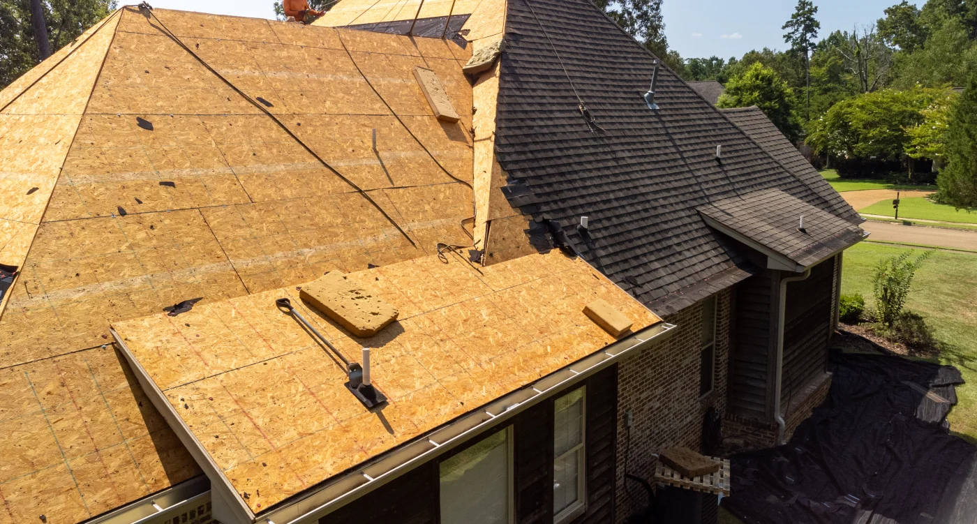 A roof replacement in progress in Memorial