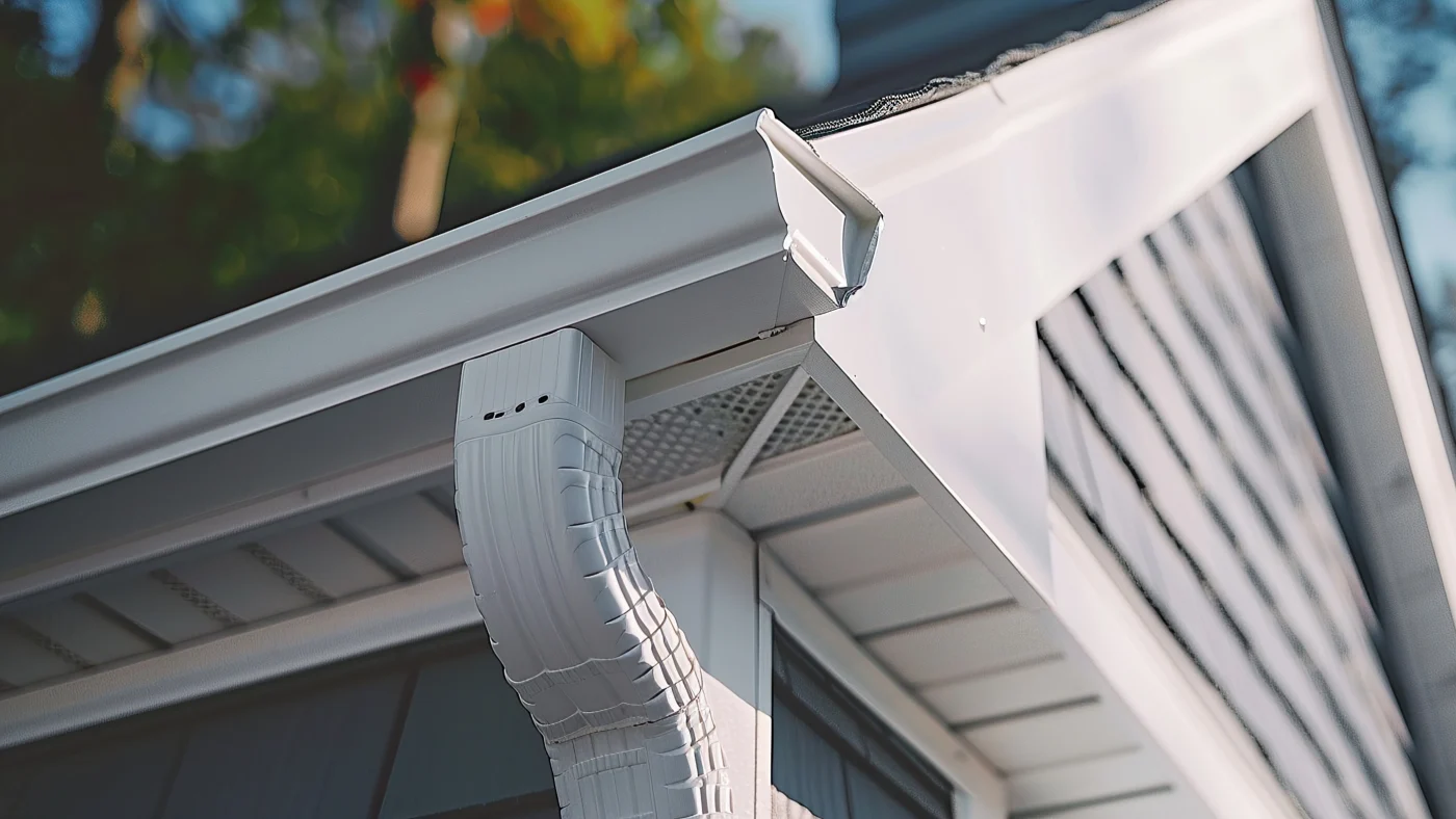 Seamless white gutters on a home with gray siding
