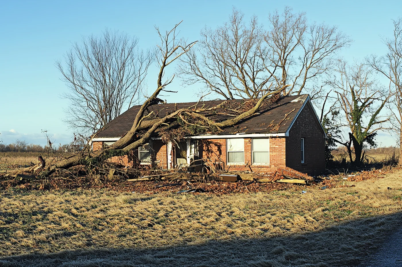 Fallen trees on a country home after a bad storm