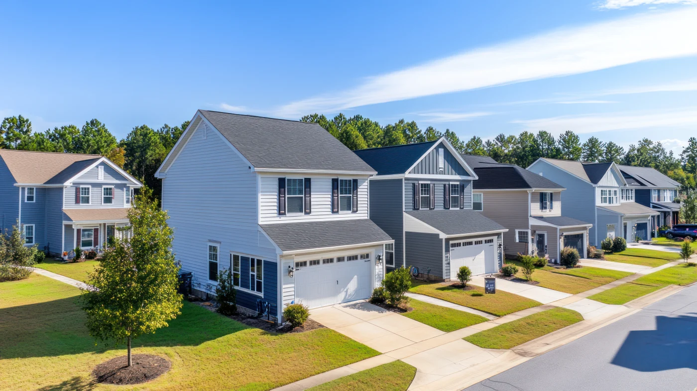 Multiple new townhomes with new roofs and white siding